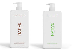 Native Body Wash coconut-vanilla pump bottle with tropical scent and rich lather.