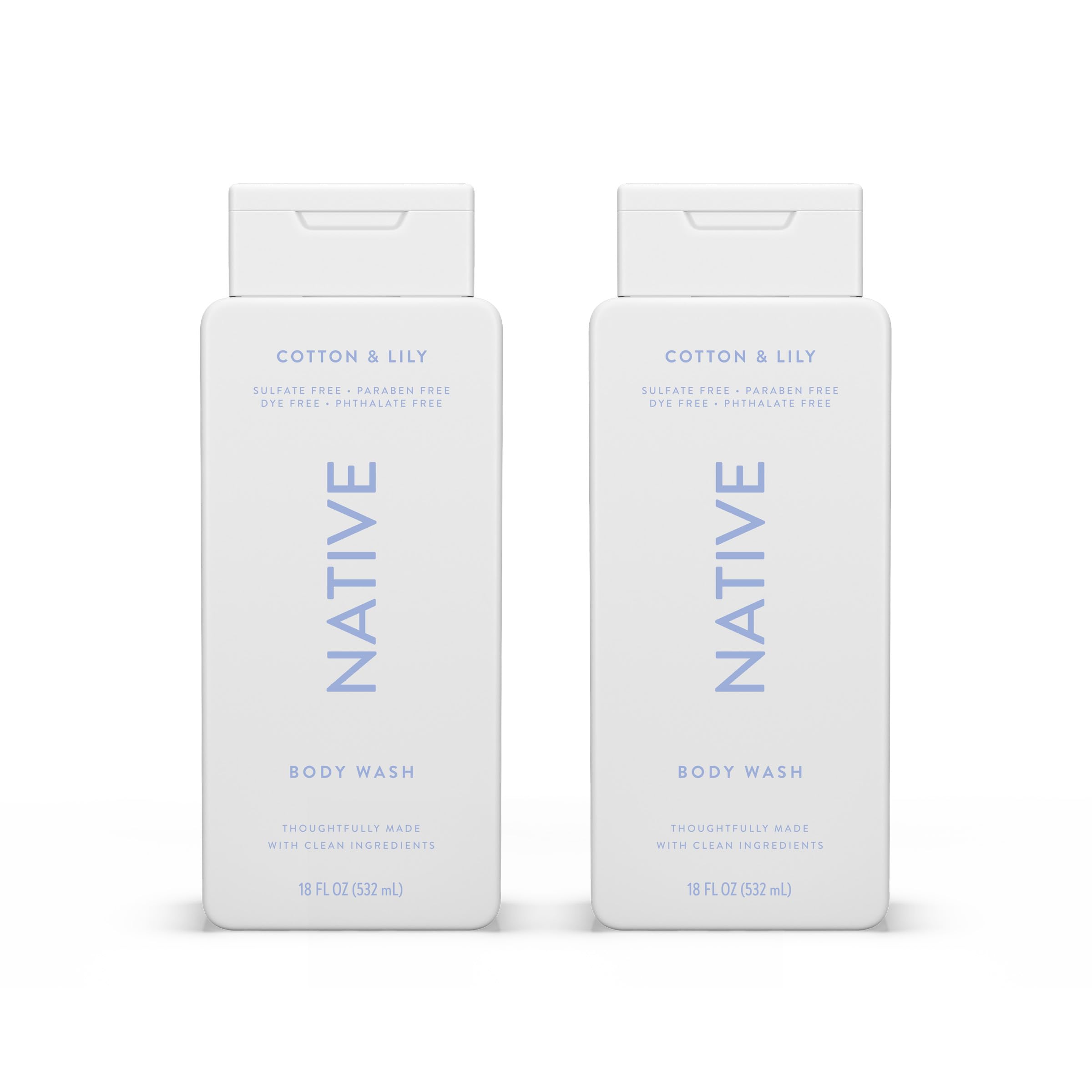 Native Body Wash bottle with Cotton & Lily scent for soft, hydrated skin.