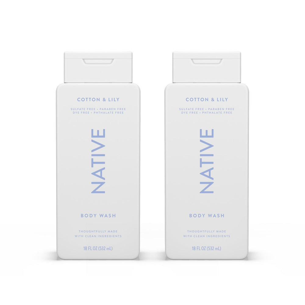 Native Body Wash bottle with Cotton & Lily scent for soft, hydrated skin.