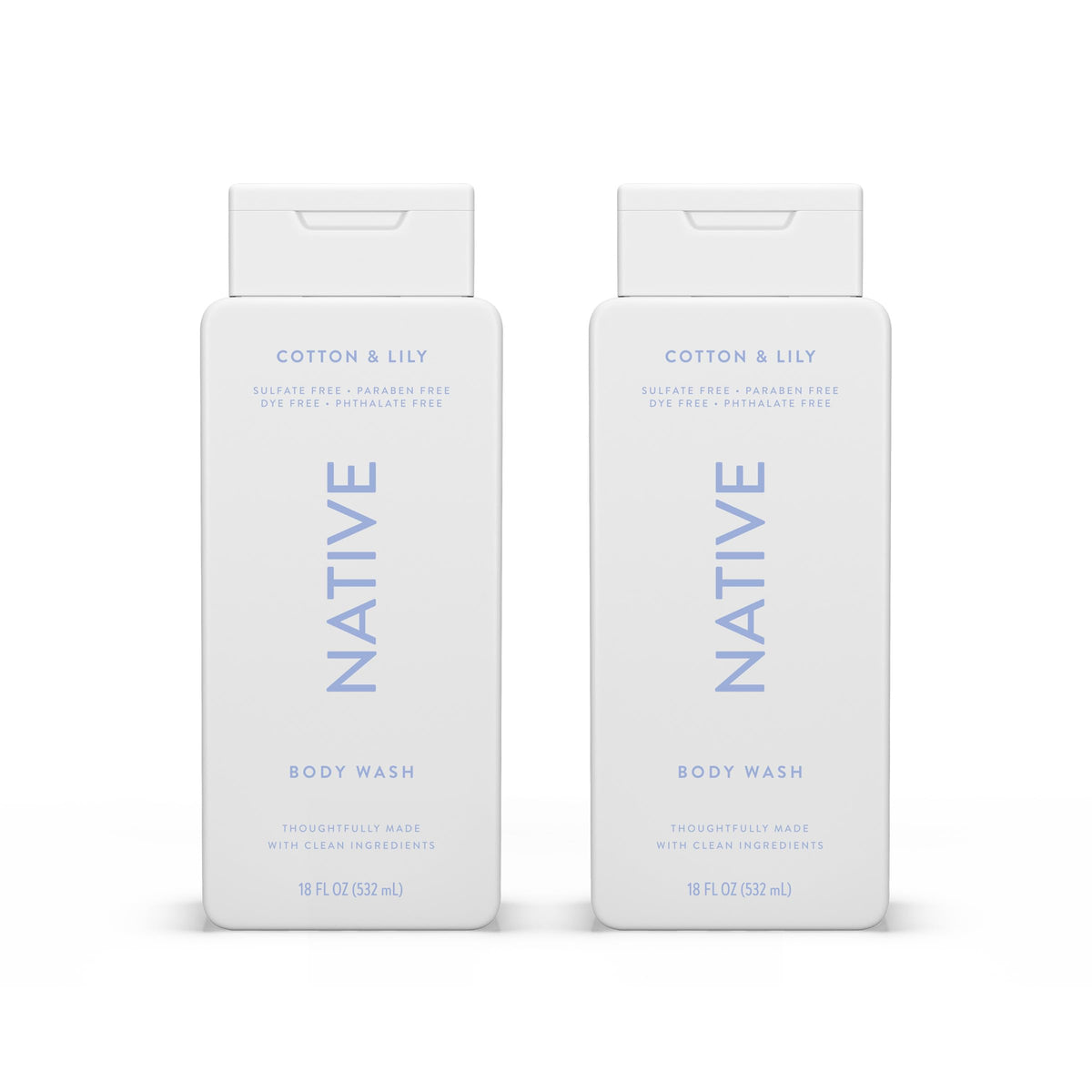 Native Body Wash bottle with Cotton & Lily scent for soft, hydrated skin.