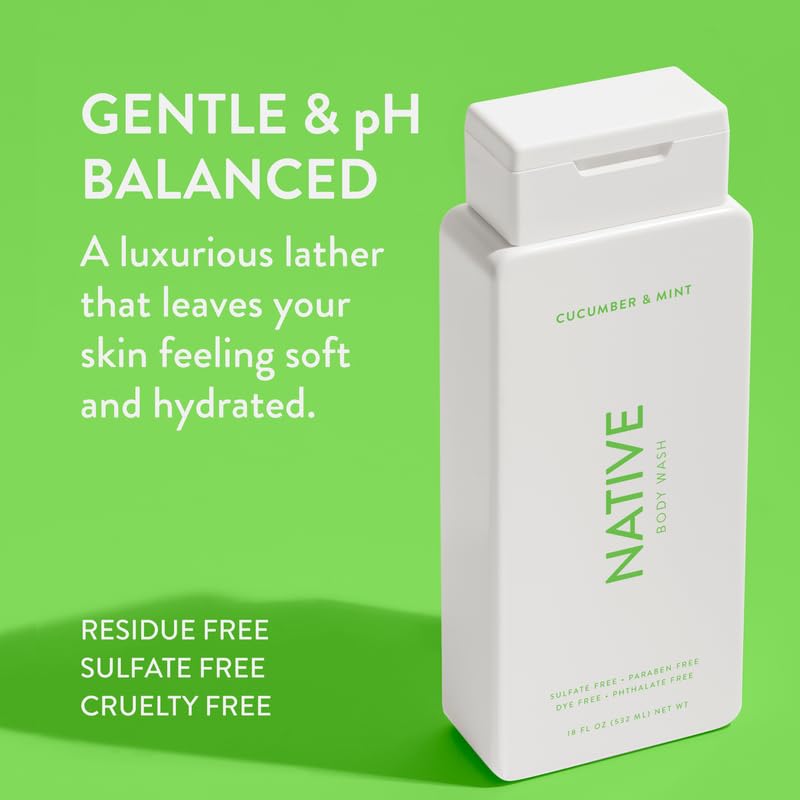 Native Body Wash cucumber mint foam delivers gentle cleansing and fragrance.