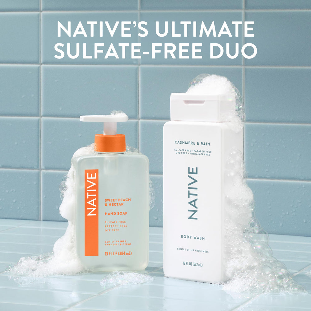 Native Body Wash packaging on towel set signals dye-free formula.