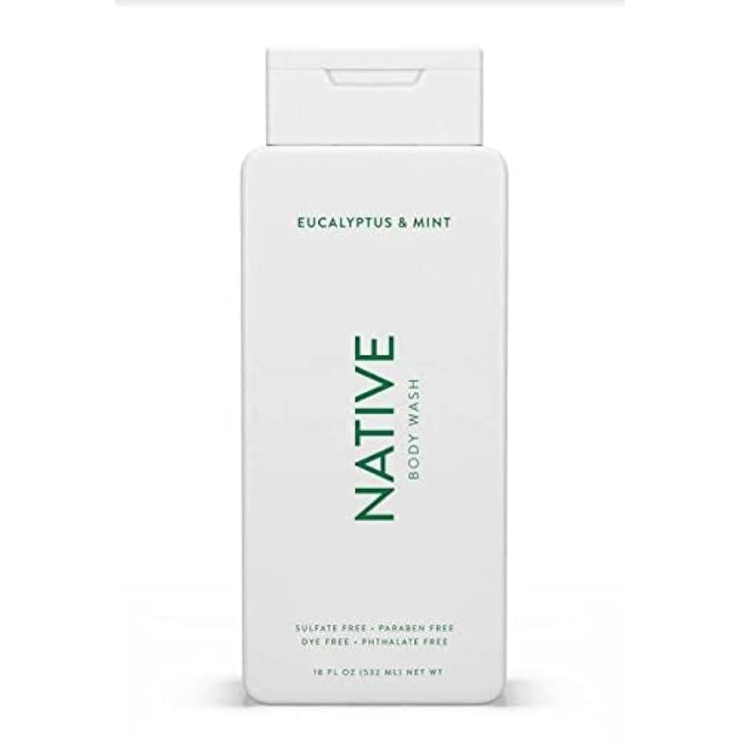 Native Body Wash Eucalyptus & Mint bottle on shower shelf for a refreshing cleanse.