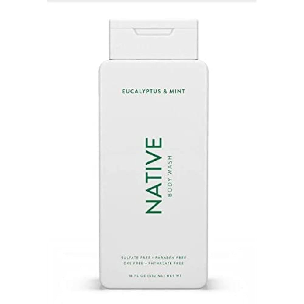 Native Body Wash Eucalyptus & Mint bottle on shower shelf for a refreshing cleanse.