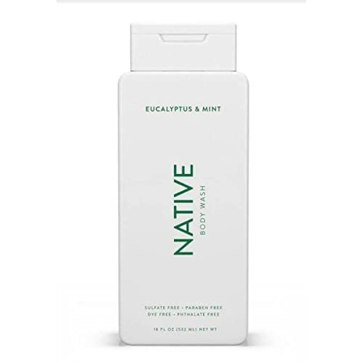 Native Body Wash Eucalyptus & Mint bottle on shower shelf for a refreshing cleanse.