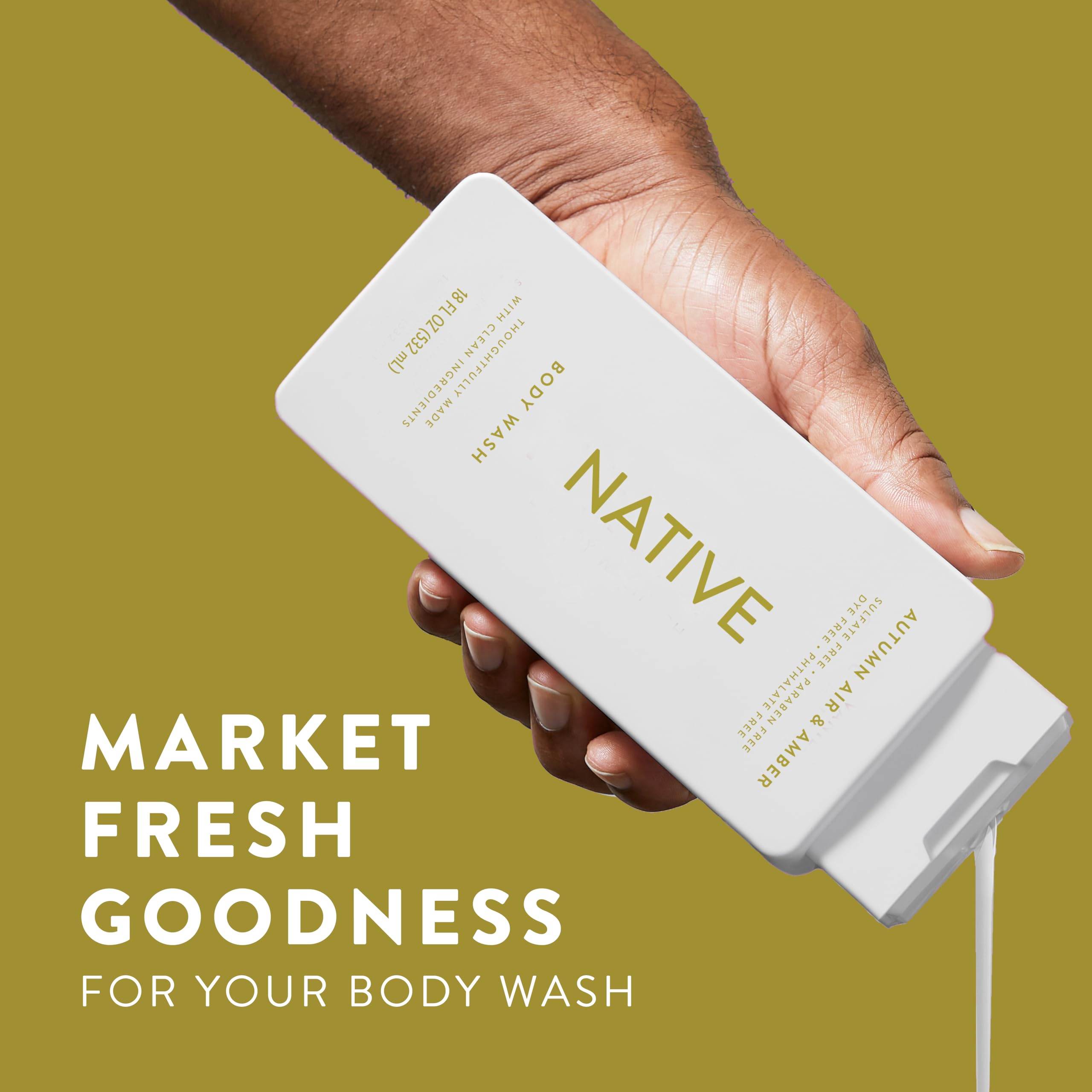 Native Body Wash ingredients panel highlights plant-based cleansers for gentle cleansing.
