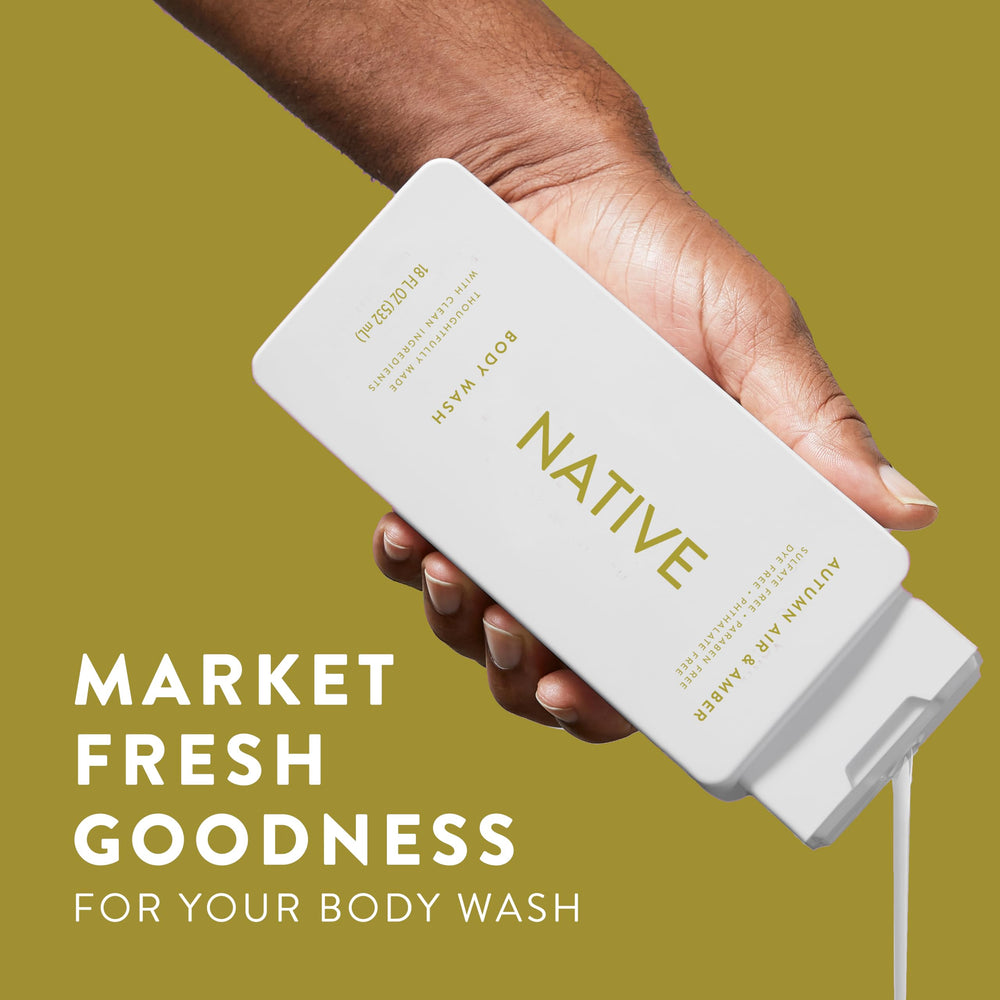 Native Body Wash ingredients panel highlights plant-based cleansers for gentle cleansing.