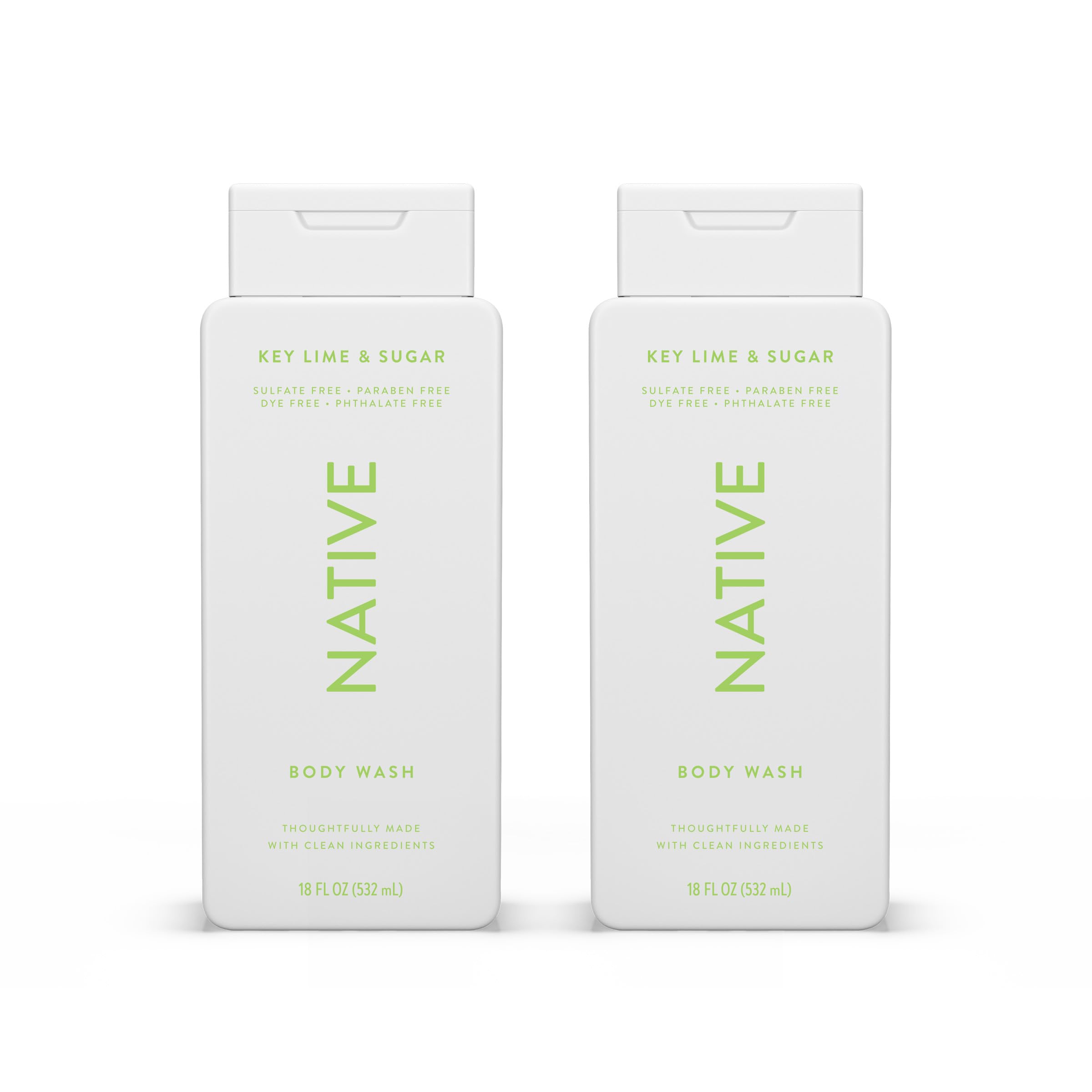 Native Body Wash bottle pour reveals a rich lather for gentle cleansing.