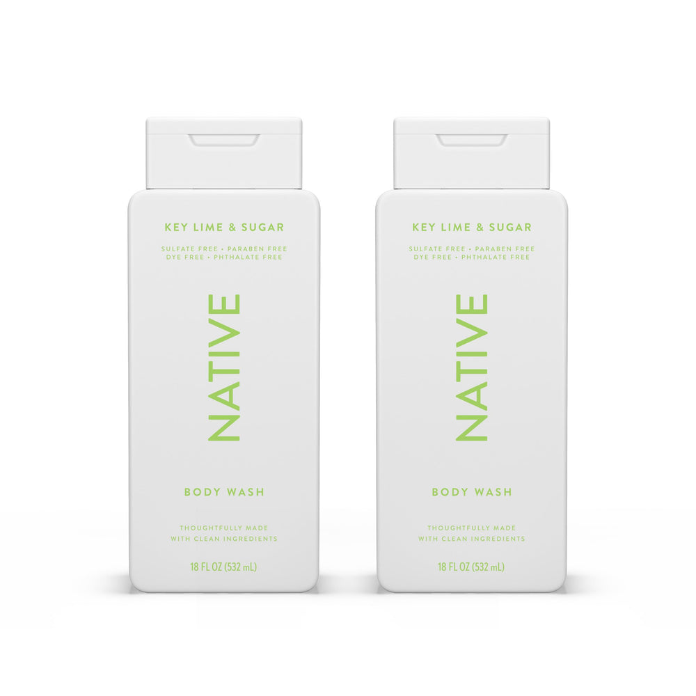 Native Body Wash bottle pour reveals a rich lather for gentle cleansing.