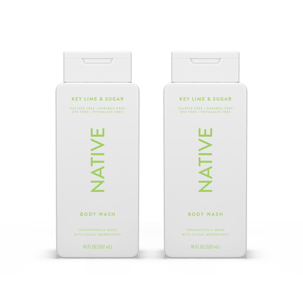 Native Body Wash bottle pour reveals a rich lather for gentle cleansing.