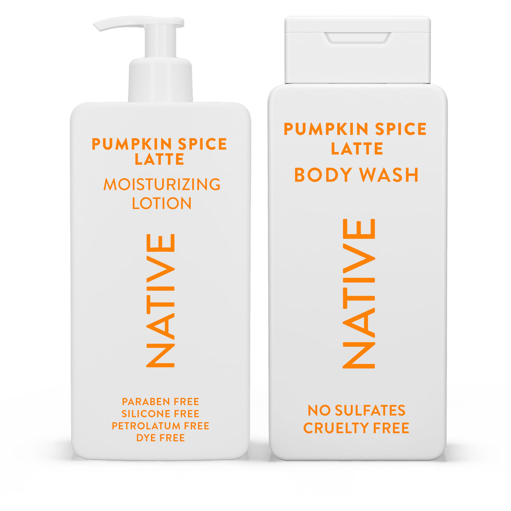 Native Body Wash Pumpkin Spice Latte bottle hydrates skin with a cozy autumn scent