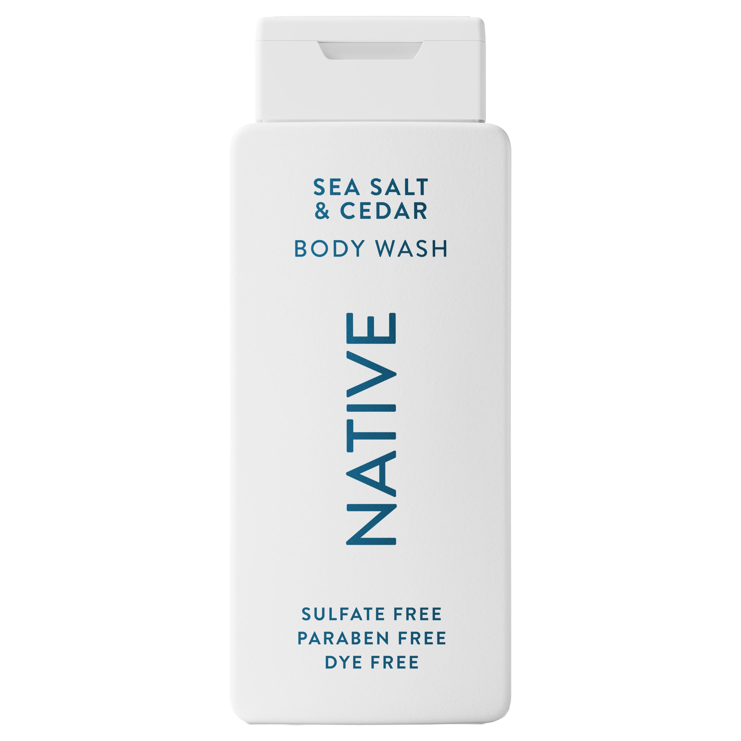 Native Body Wash Sea Salt Cedar bottle shows a refreshing cleanse for all skin types
