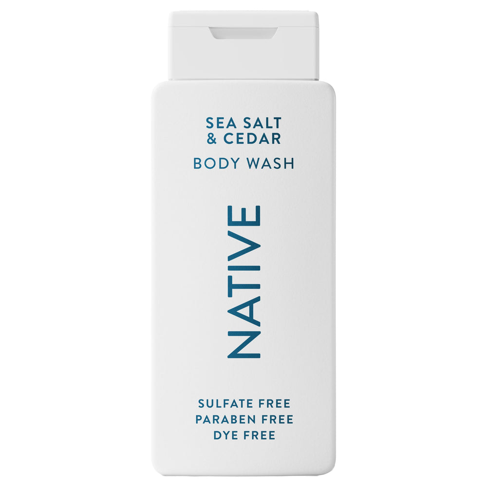 Native Body Wash Sea Salt Cedar bottle shows a refreshing cleanse for all skin types