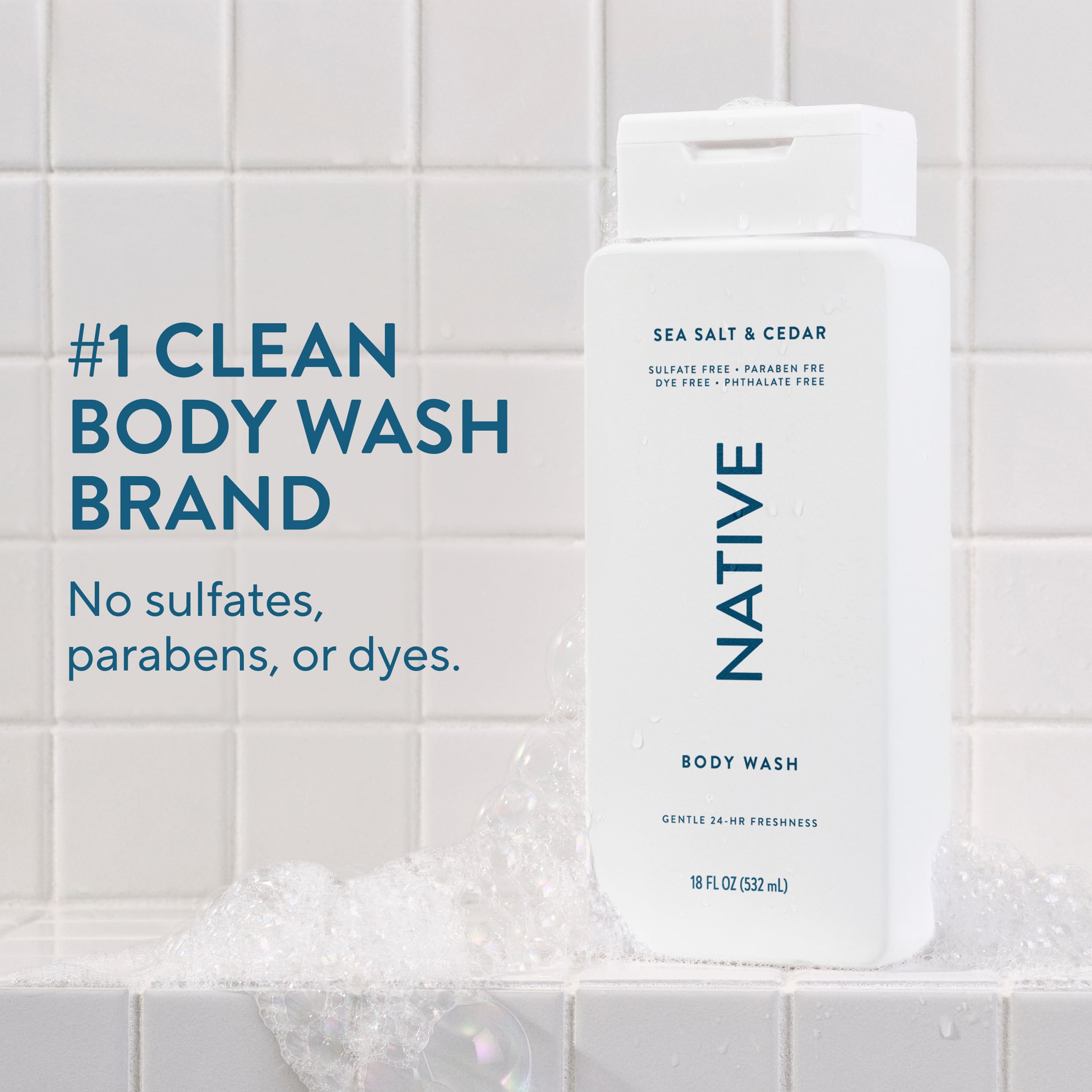 Native Body Wash Sea Salt Cedar lather close-up highlights luxurious foam