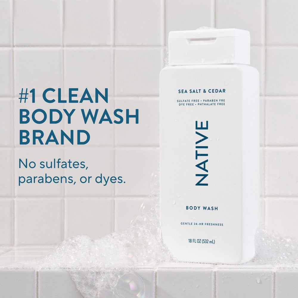 Native Body Wash Sea Salt Cedar lather close-up highlights luxurious foam
