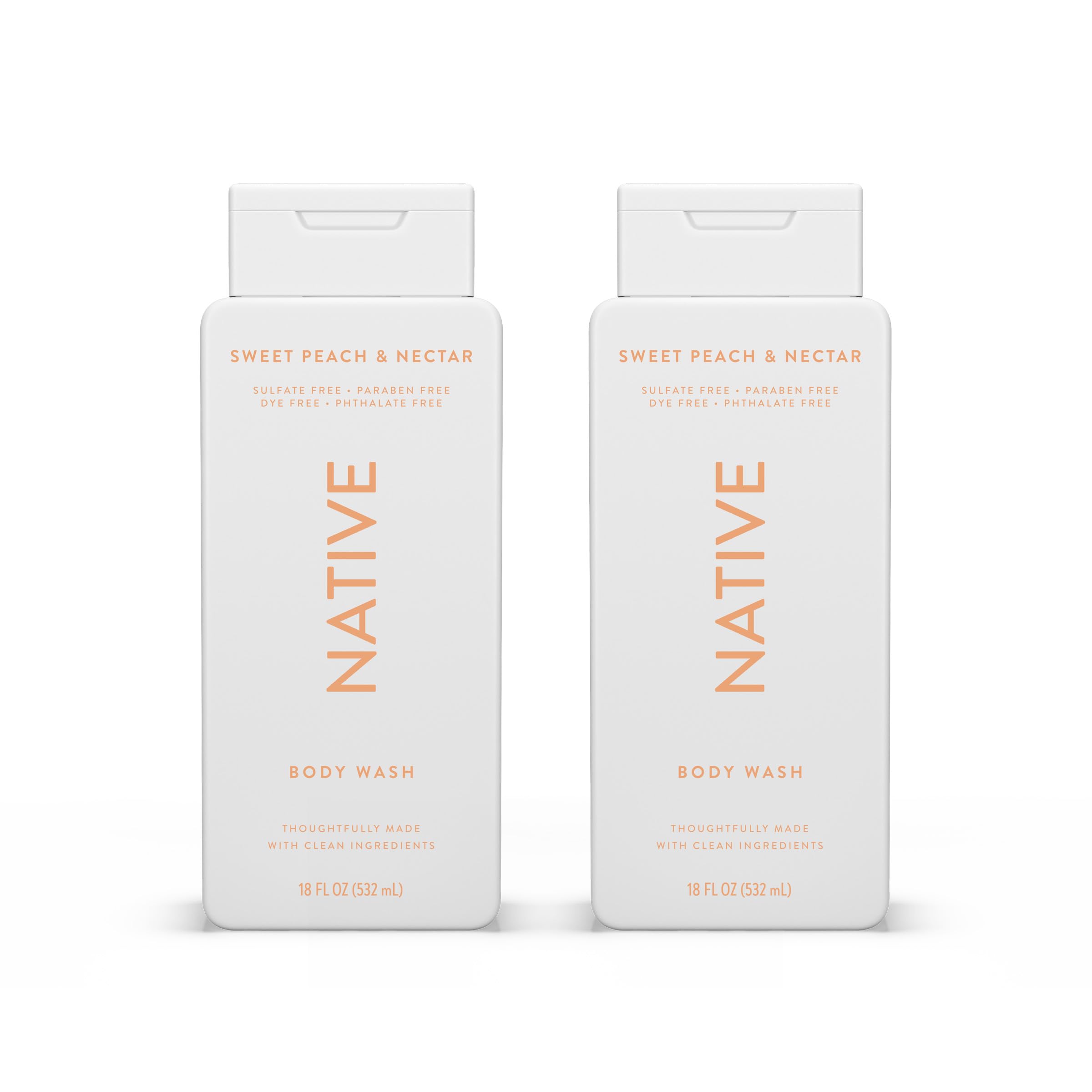 Native Body Wash Sweet Peach bottle delivering a refreshing, hydrating cleanse.