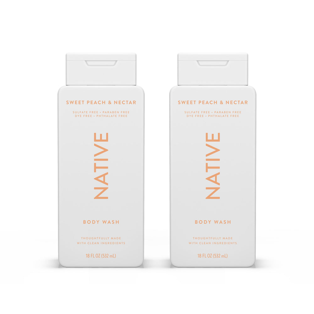 Native Body Wash Sweet Peach bottle delivering a refreshing, hydrating cleanse.