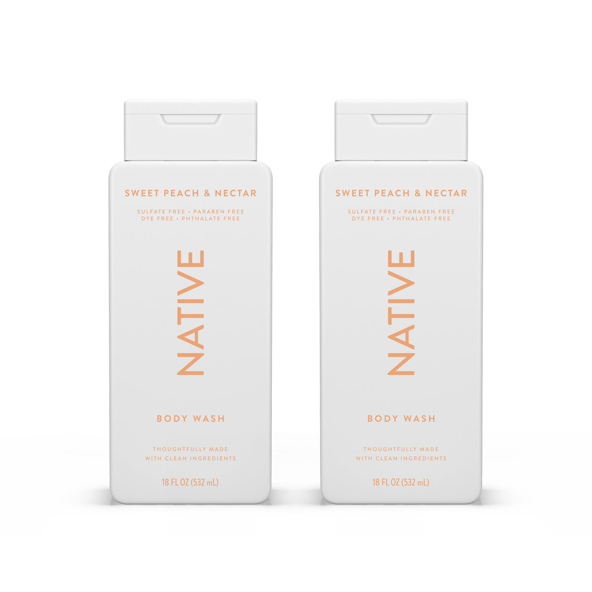 Native Body Wash Sweet Peach bottle delivering a refreshing, hydrating cleanse.