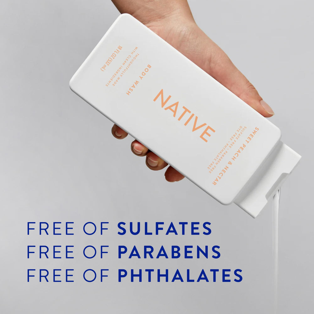 Native Body Wash Sweet Peach scent evokes spring, leaving skin refreshed.