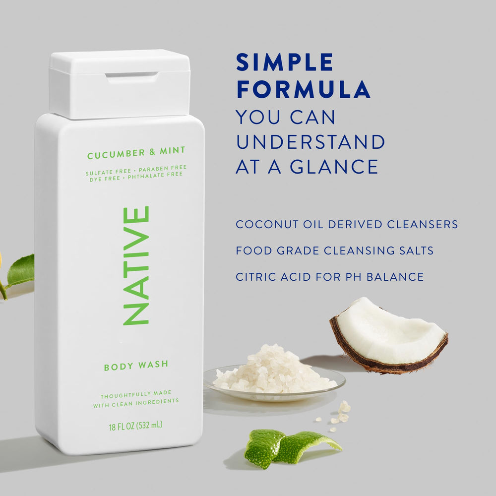 Native Body Wash vegan cruelty-free label highlights ethical, plant-based care.