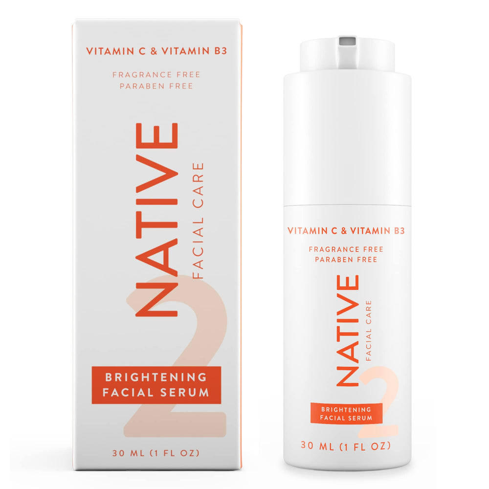 Native Brightening Facial Serum bottle close-up showing fragrance-free hydration.