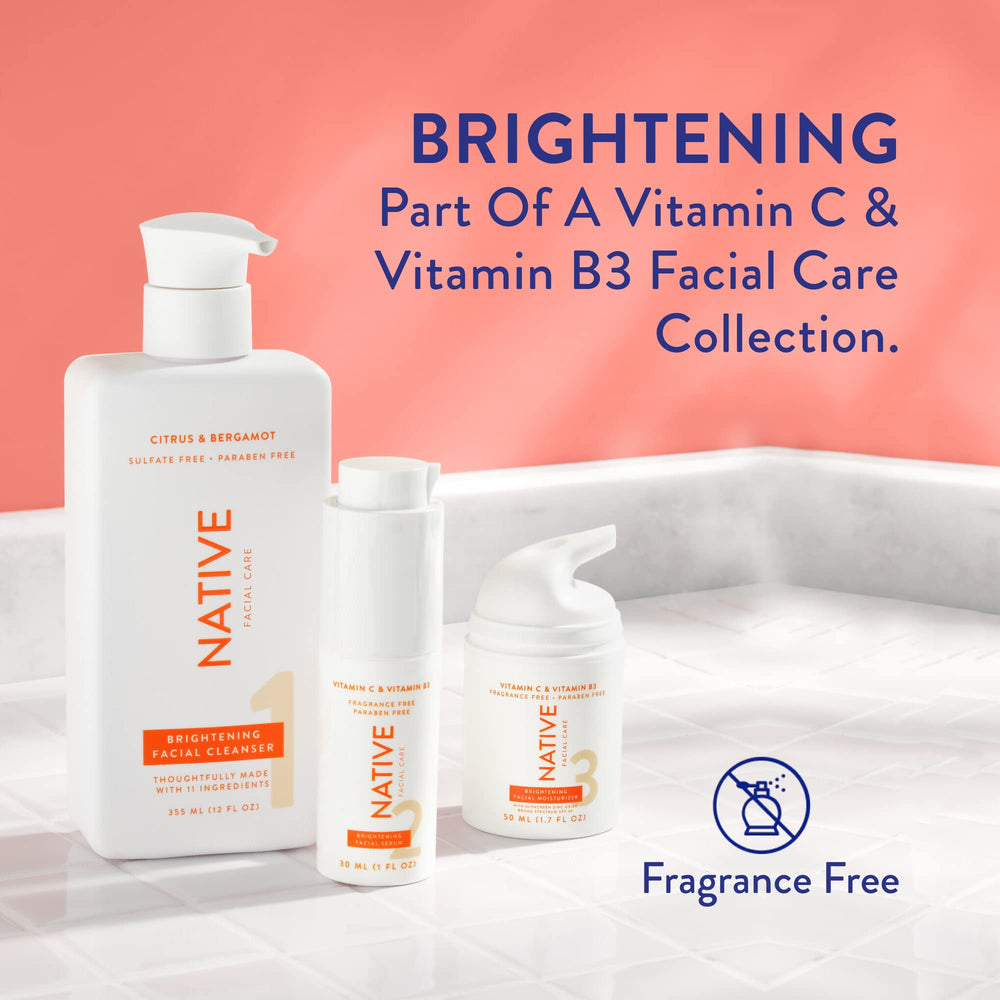 Packaging of Native Brightening Serum highlights fragrance-free, dye-free formula.