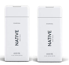 Native Charcoal Body Wash bottle pour showing rich, sulfate-free cleansing