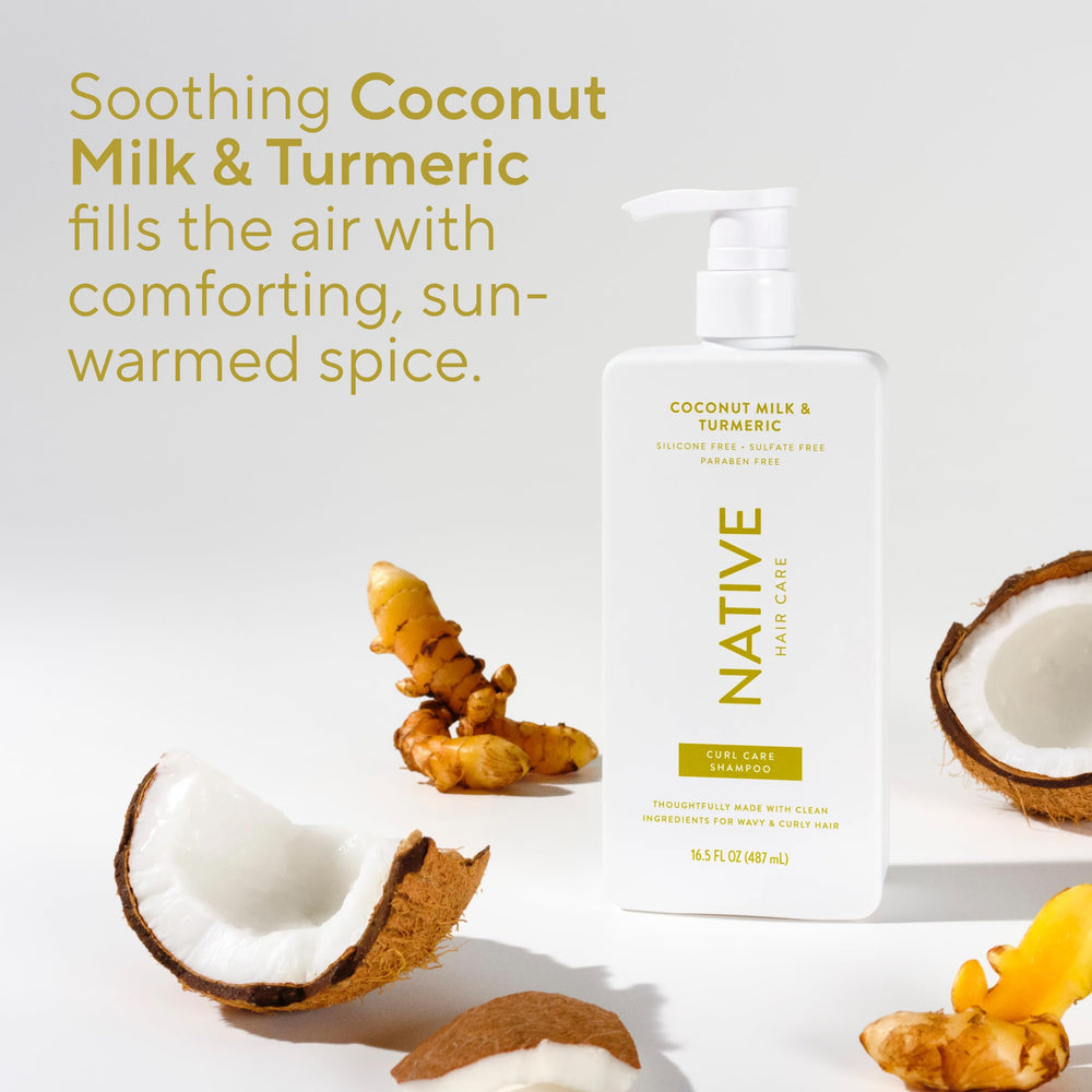 Coconut milk and turmeric imagery suggesting calming tropical scent