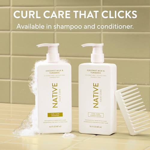 Herbal turmeric roots and coconut visuals accompany Native shampoo and conditioner