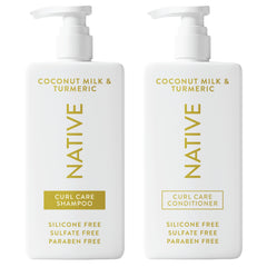 Native Coconut & Turmeric Shampoo bottle demonstrates sulfate-free cleansing for all hair types