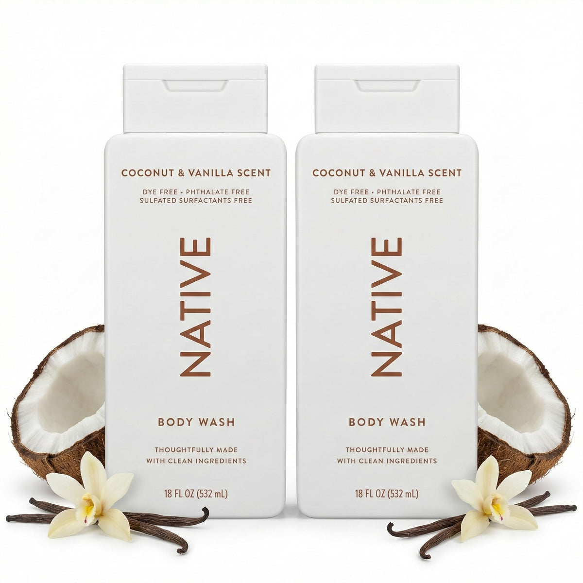 Native Coconut Vanilla 2-pack bottles on display for everyday moisturizing