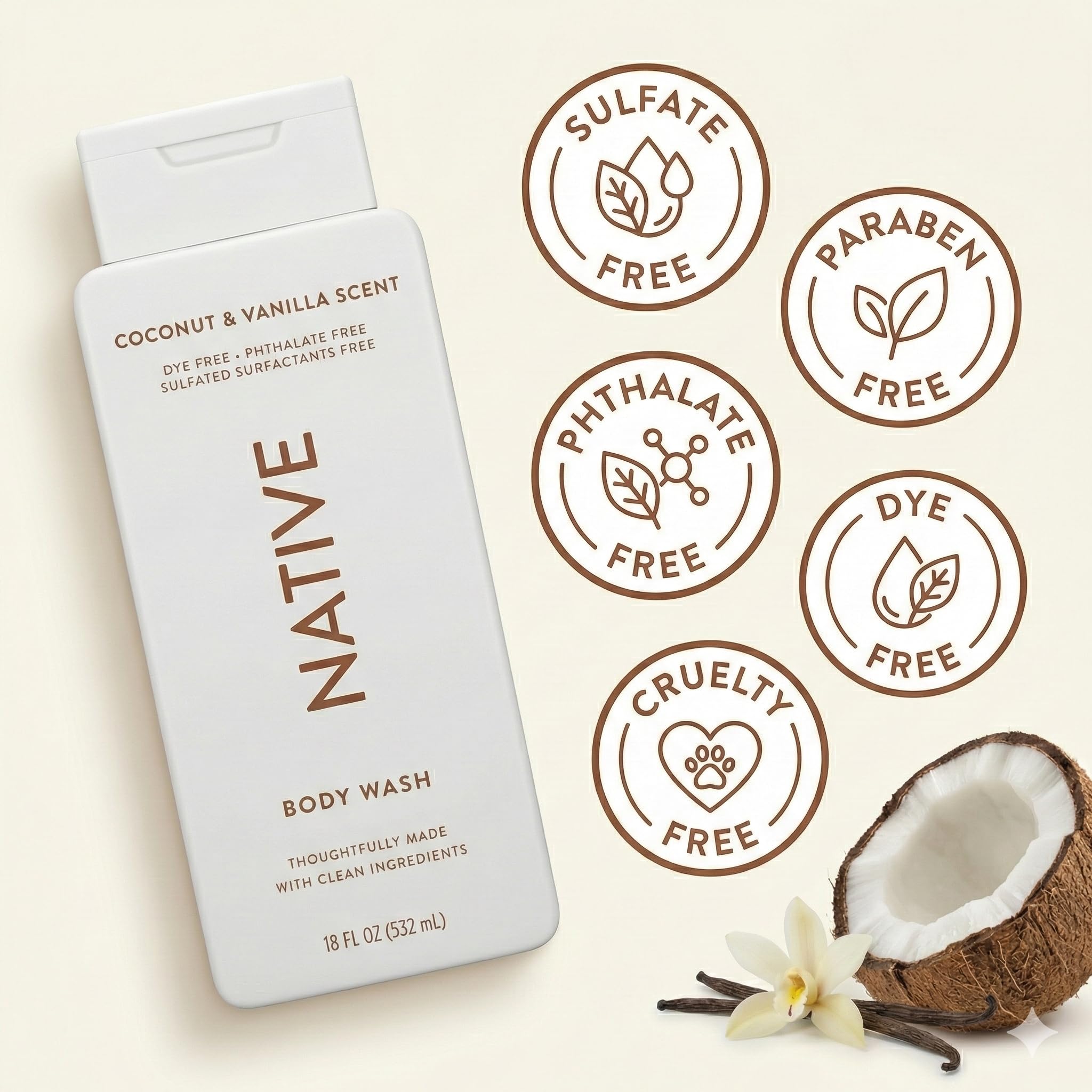 Close-up of Native Coconut Vanilla bottle highlighting creamy lather and natural ingredients