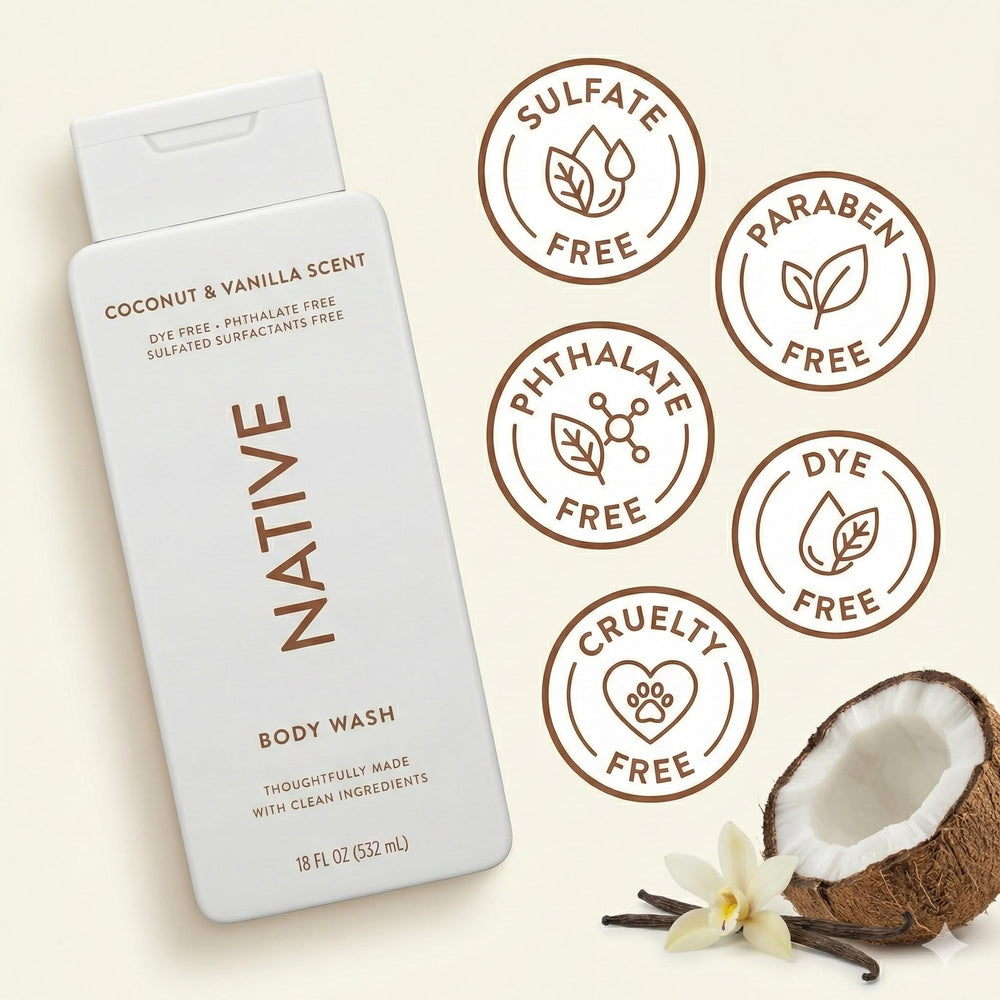 Close-up of Native Coconut Vanilla bottle highlighting creamy lather and natural ingredients