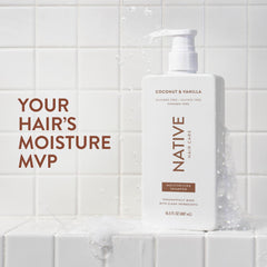 Native Coconut & Vanilla conditioner bottle highlighting moisture for smooth hair
