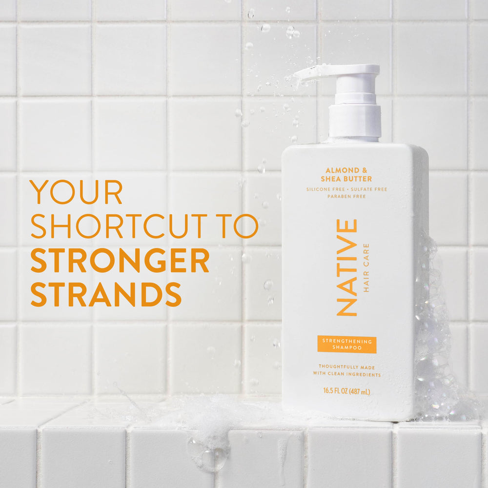 Native conditioner almond and shea butter bottles showcased for nourished, manageable hair.