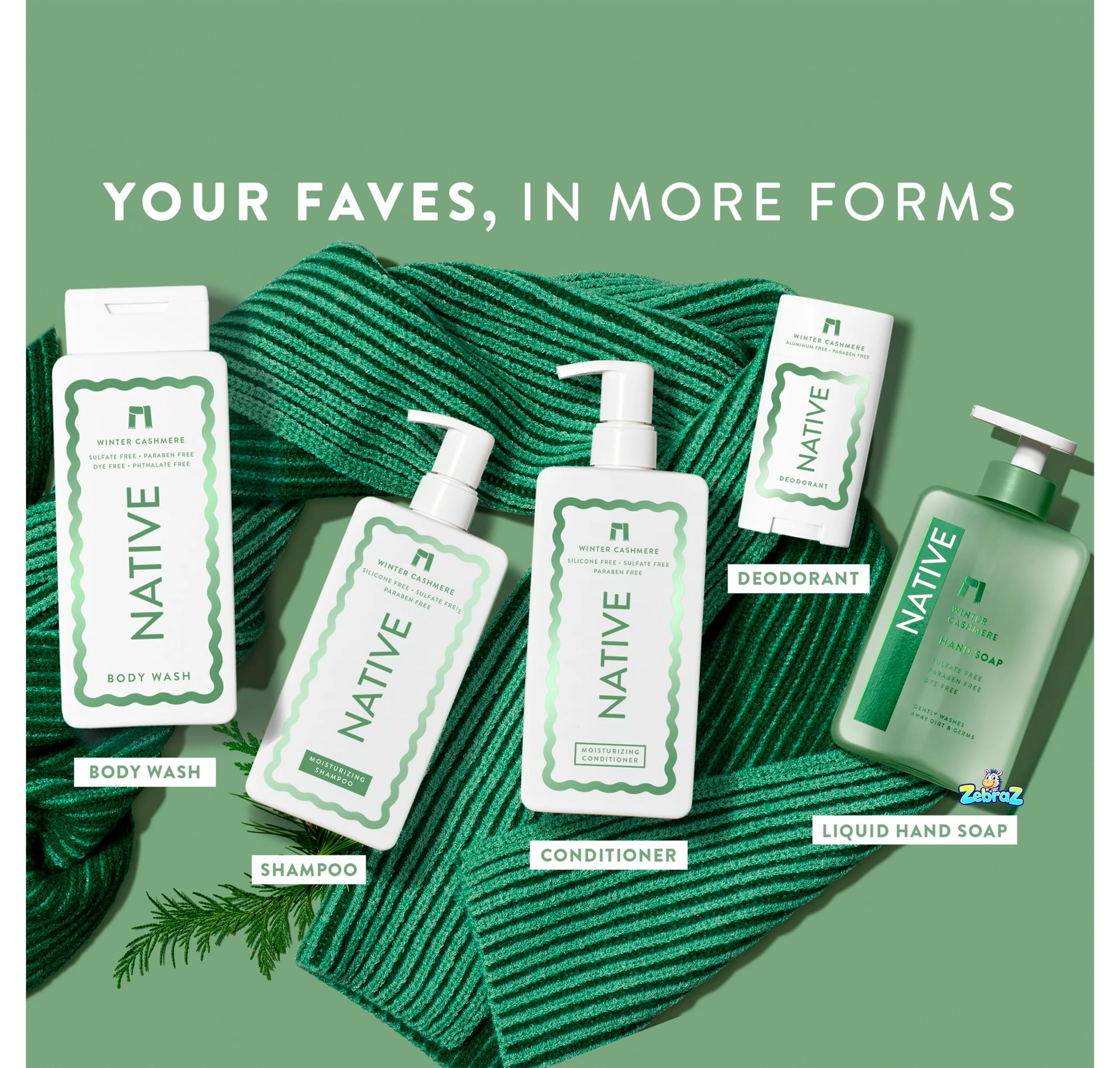 Holiday self-care scene featuring Native shampoo and conditioner duo