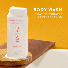 Native Honey Crisp & Cider body wash bottle emphasizes sulfate-free cleansing for all skin types.