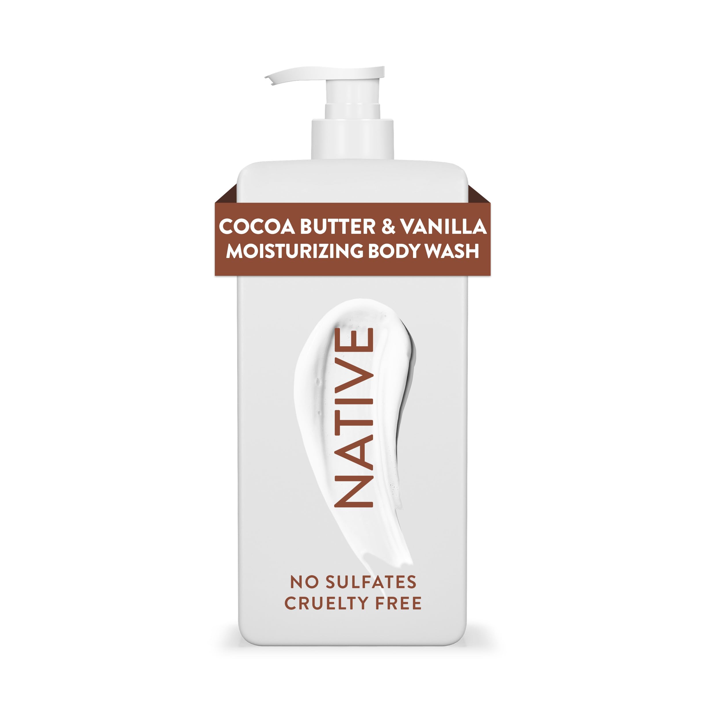 Native moisturizing body wash bottle with cocoa butter and vanilla scent for hydrated skin