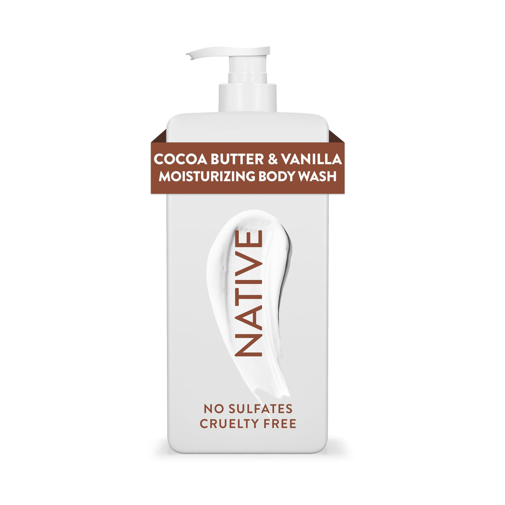 Native moisturizing body wash bottle with cocoa butter and vanilla scent for hydrated skin