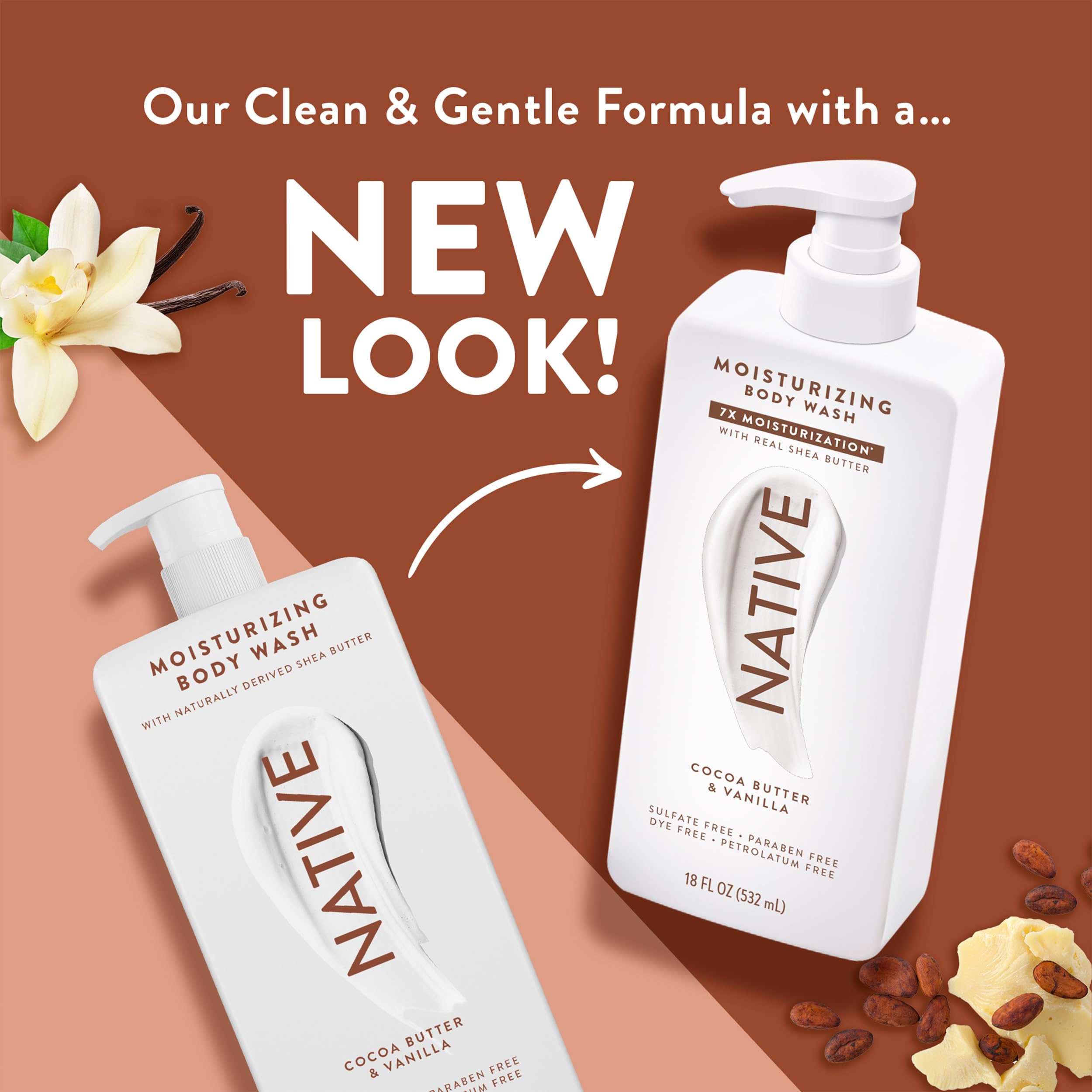 Native cocoa butter vanilla scent close-up evokes comforting shower ritual
