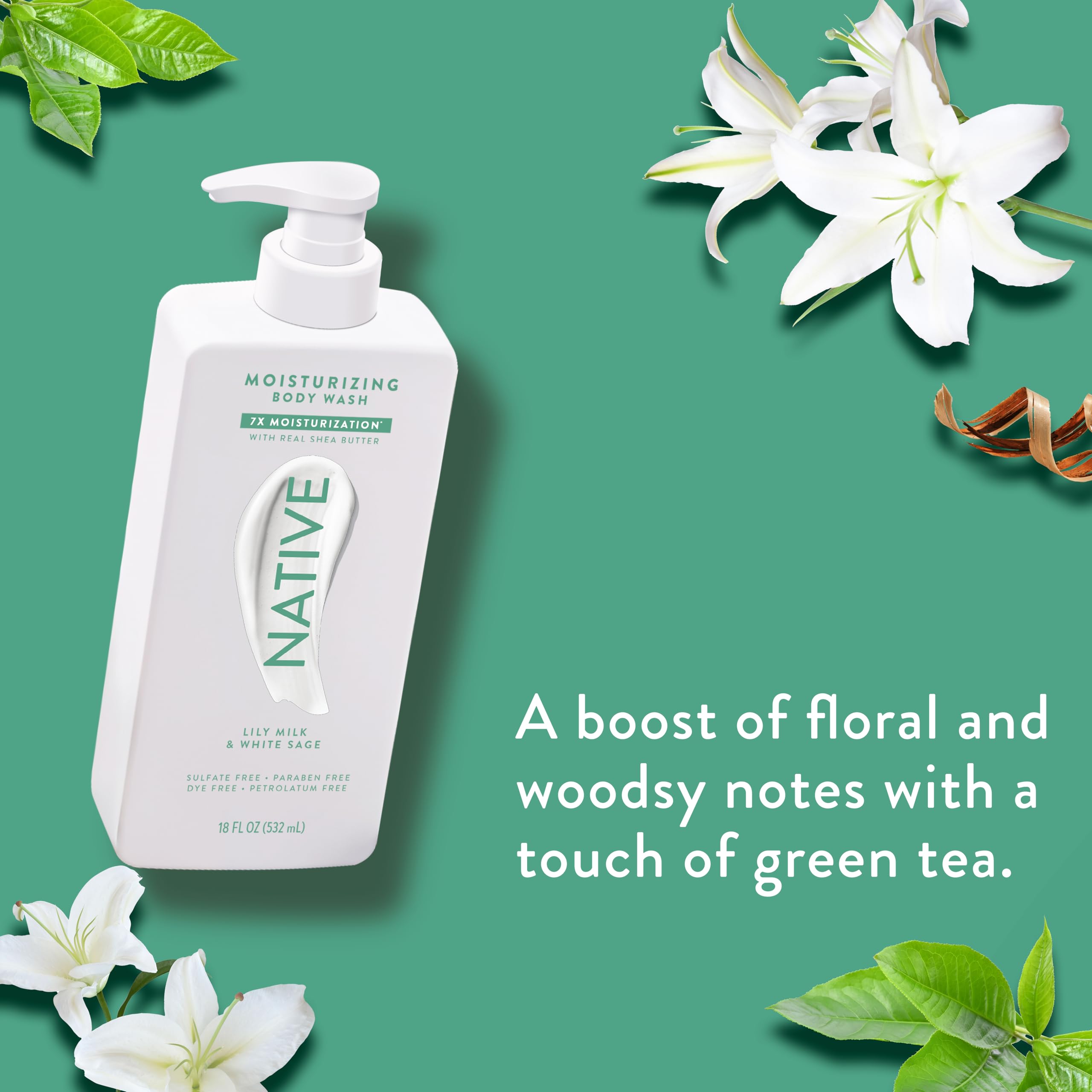 Creamy lather swirl from Native body wash indicates gentle cleansing and moisturization.