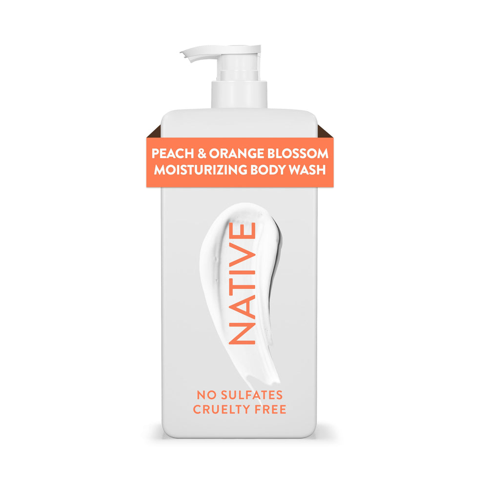 Native Moisturizing Body Wash Peach & Orange Blossom bottle on a bathroom shelf, hydrating formula