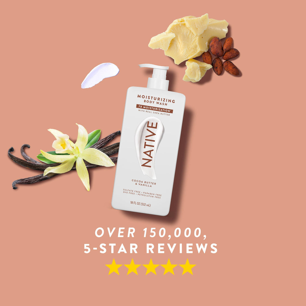 Native body wash in a morning shower scene showing lasting hydration