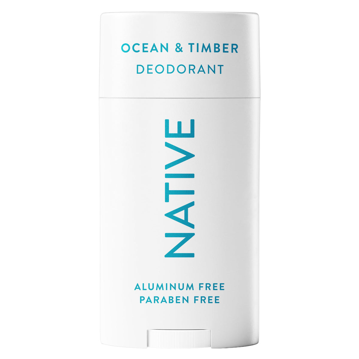 Native Ocean & Timber deodorant packaging highlights aluminum-free formula for daily odor protection.