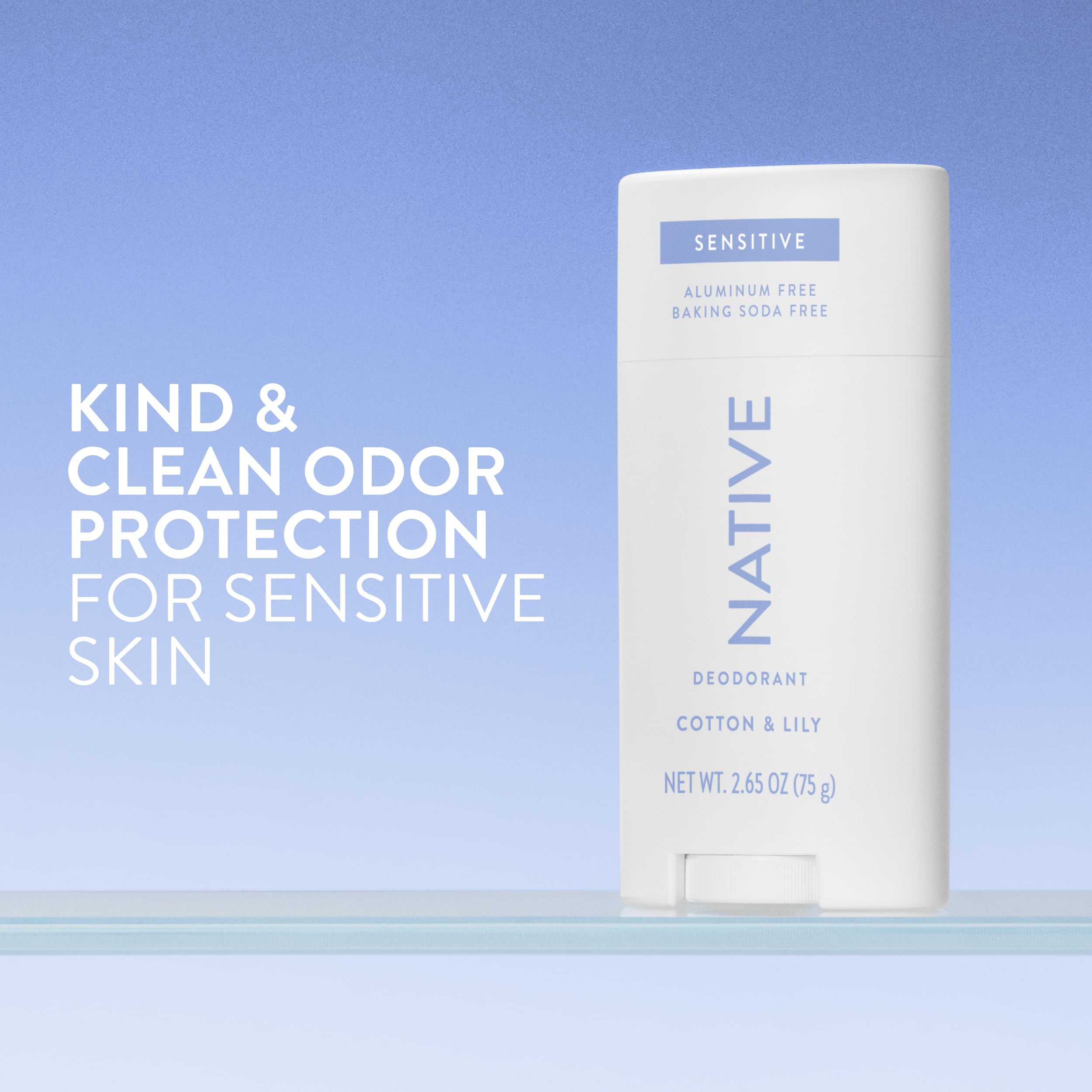 Native Sensitive Deodorant packaging closeup highlights natural formula and aluminum-free protection.