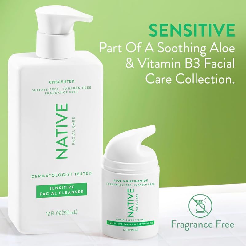 Native Sensitive Face Wash application suggests easy use and even distribution.
