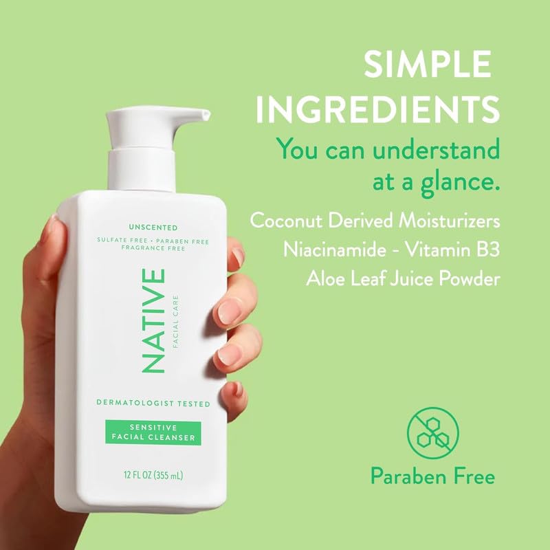 Native Sensitive Face Wash packaging emphasizing sustainability and gentle daily skincare.