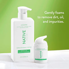 Native Sensitive Face Wash rinse action demonstrates thorough cleanup without stripping skin.