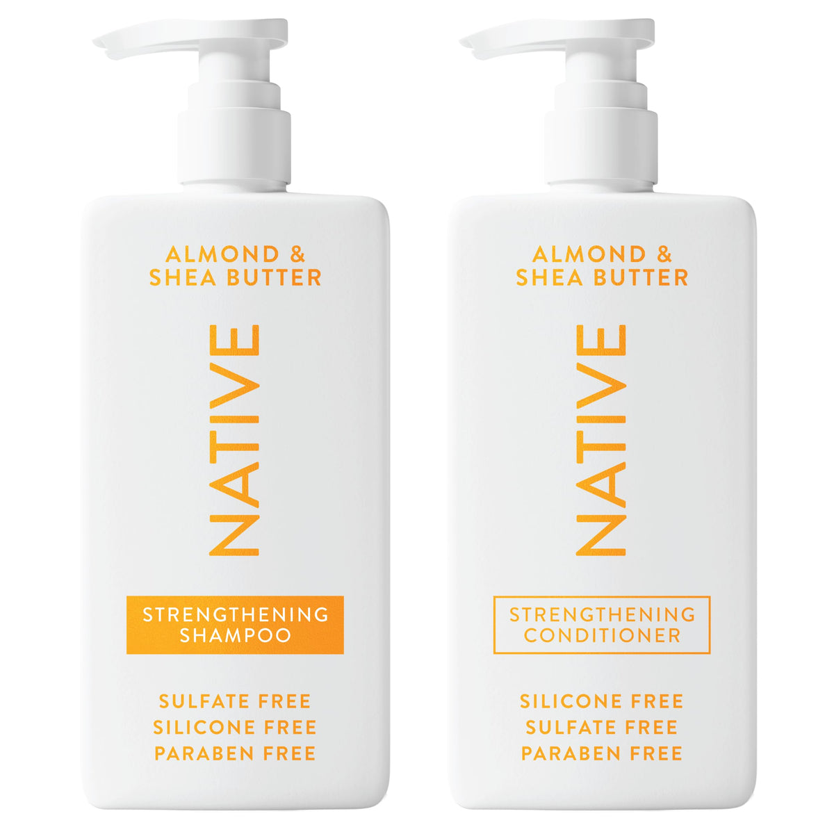 Native shampoo almond and shea butter bottles ready for all hair types with balanced moisture.