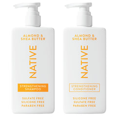 Native shampoo almond and shea butter bottles ready for all hair types with balanced moisture.